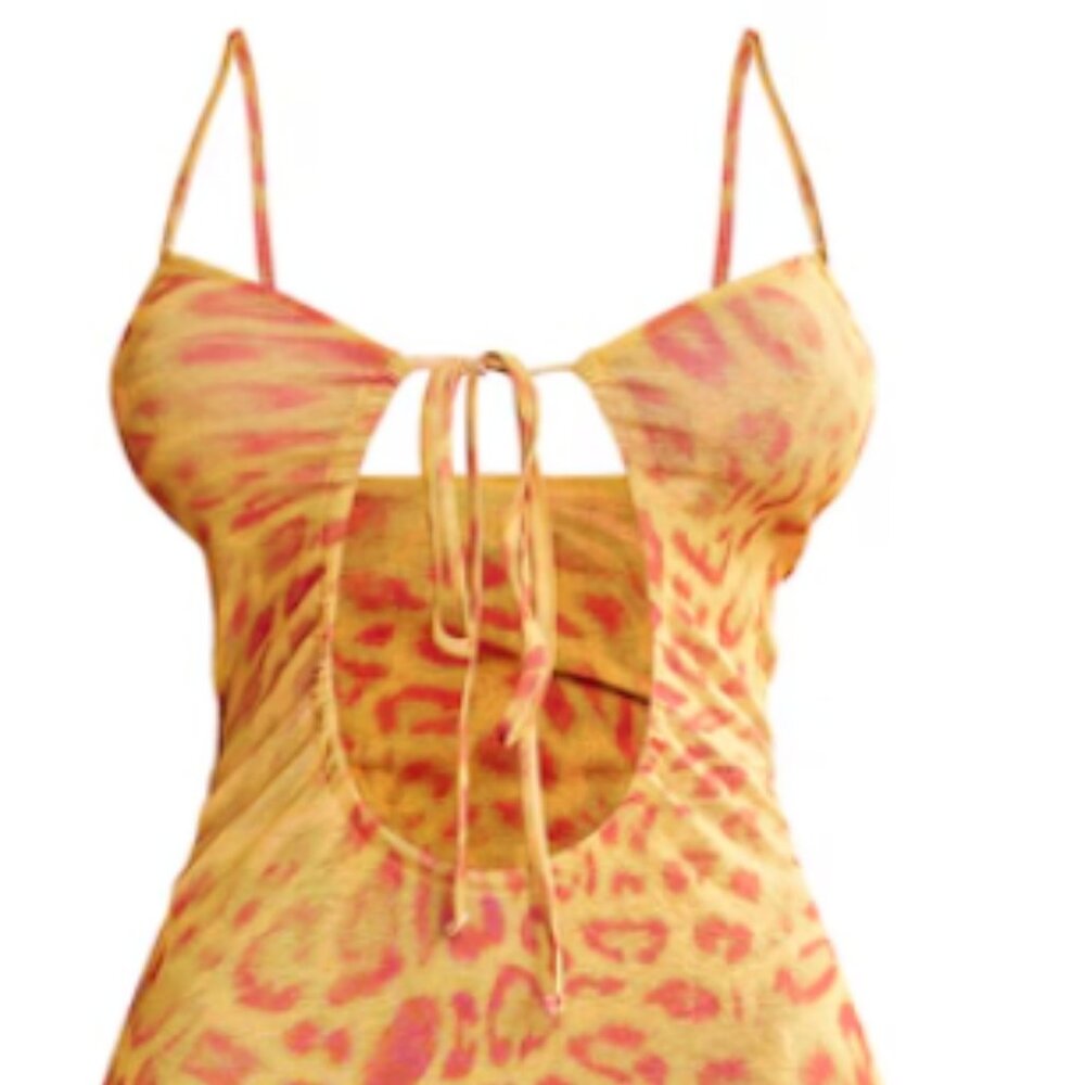 PrettyLittleThing NWT Shape Orange Printed Sheer Mesh Cut Out Maxi Dress Size 12